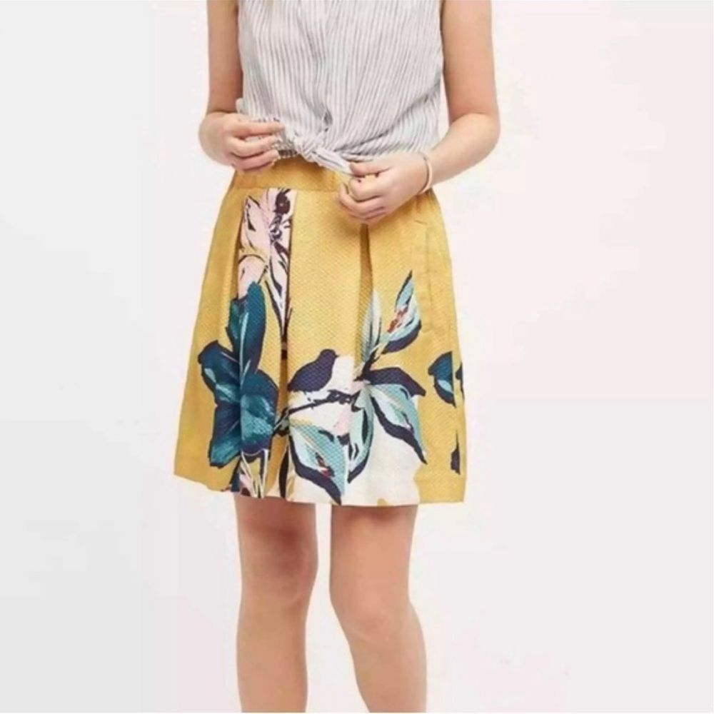 Anthropologie Maeve Yellow Gold Floral Bird Print Skirt - Picture 5 of 11